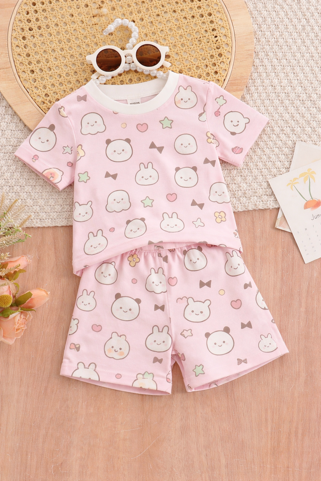 Kids Bunny & Panda Cartoon Print T-Shirt & Shorts Co-ord Set – Soft Looper Polycotton Nightwear / Summer Outfit