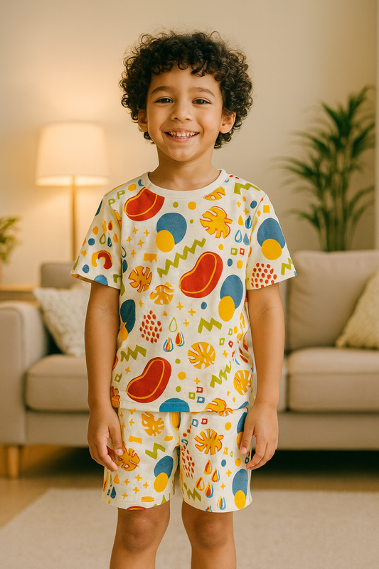 Kids Bean Doodle Print T-Shirt & Shorts Co-ord Set – Soft Looper Polycotton Summer Outfit