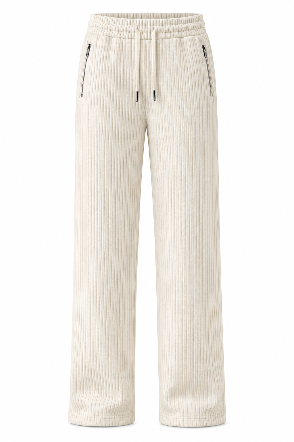 Light Cream Ribbed Track Pants for Men | Premium Textured Relaxed Fit Joggers with Zip Pockets