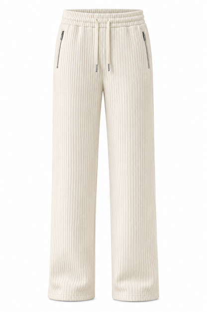 Light Cream Ribbed Track Pants for Men | Premium Textured Relaxed Fit Joggers with Zip Pockets
