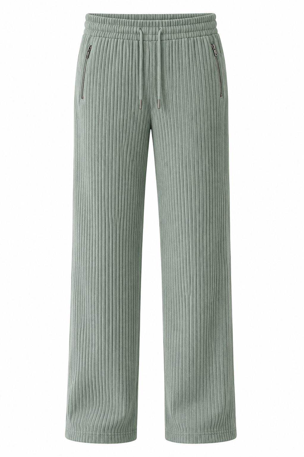 Sage Green Ribbed Track Pants for Men | Premium Relaxed Fit Textured Joggers with Zip Pockets