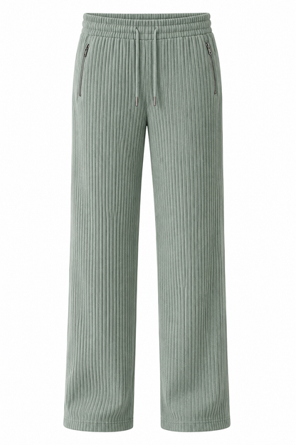 Sage Green Ribbed Track Pants for Men | Premium Relaxed Fit Textured Joggers with Zip Pockets