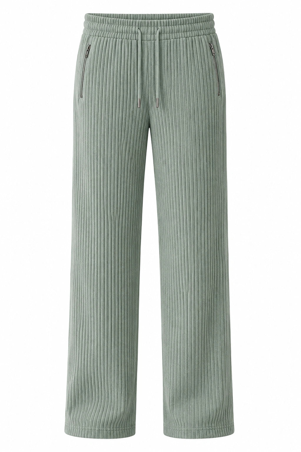 Sage Green Ribbed Track Pants for Men | Premium Relaxed Fit Textured Joggers with Zip Pockets