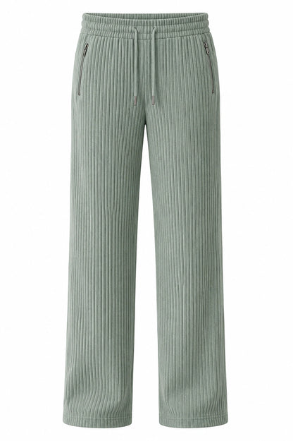 Sage Green Ribbed Track Pants for Men | Premium Relaxed Fit Textured Joggers with Zip Pockets