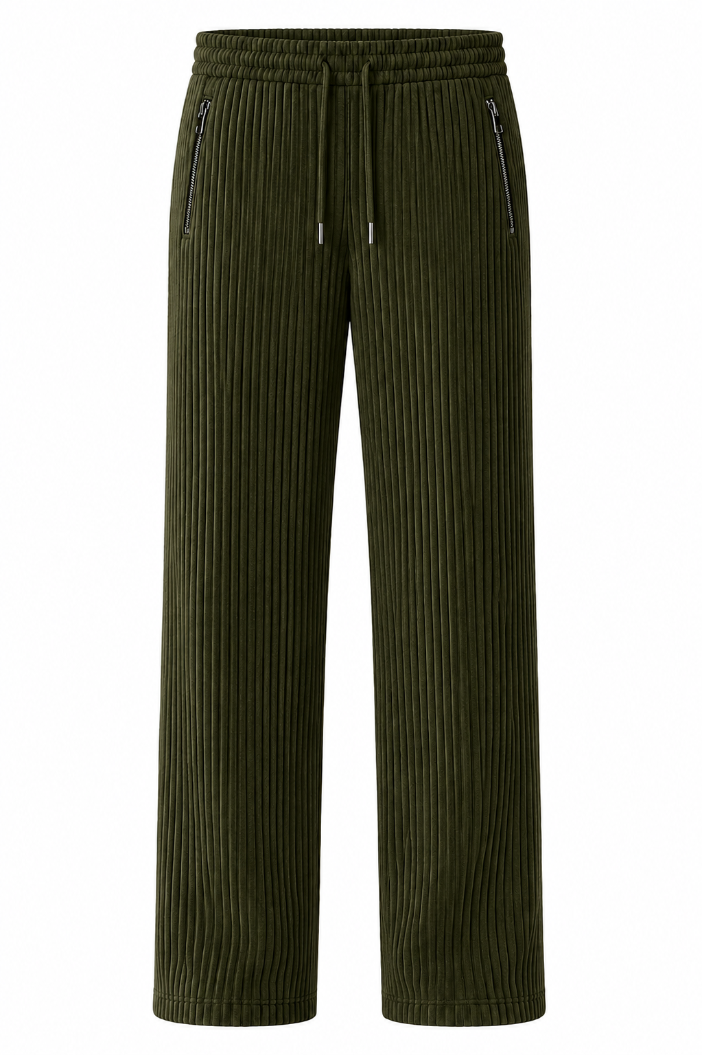 Olive Green Ribbed Track Pants for Men | Premium Relaxed Fit Textured Joggers with Zip Pockets