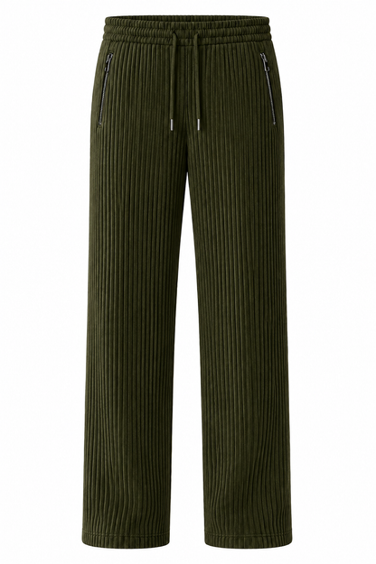 Olive Green Ribbed Track Pants for Men | Premium Relaxed Fit Textured Joggers with Zip Pockets