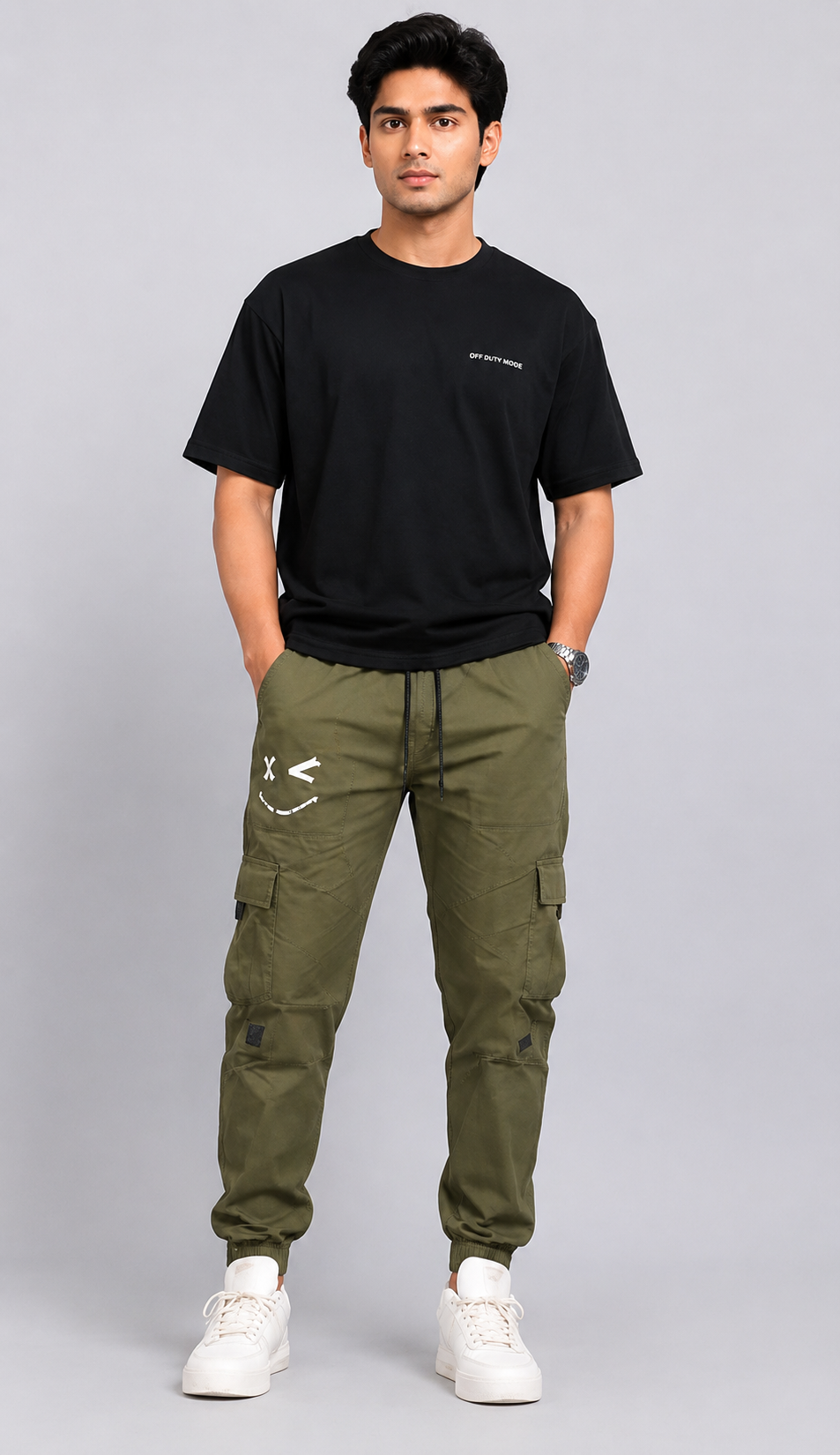 Olive Green Printed Cargo Joggers for Men – Slim Fit Multi-Pocket Casual Streetwear Pants