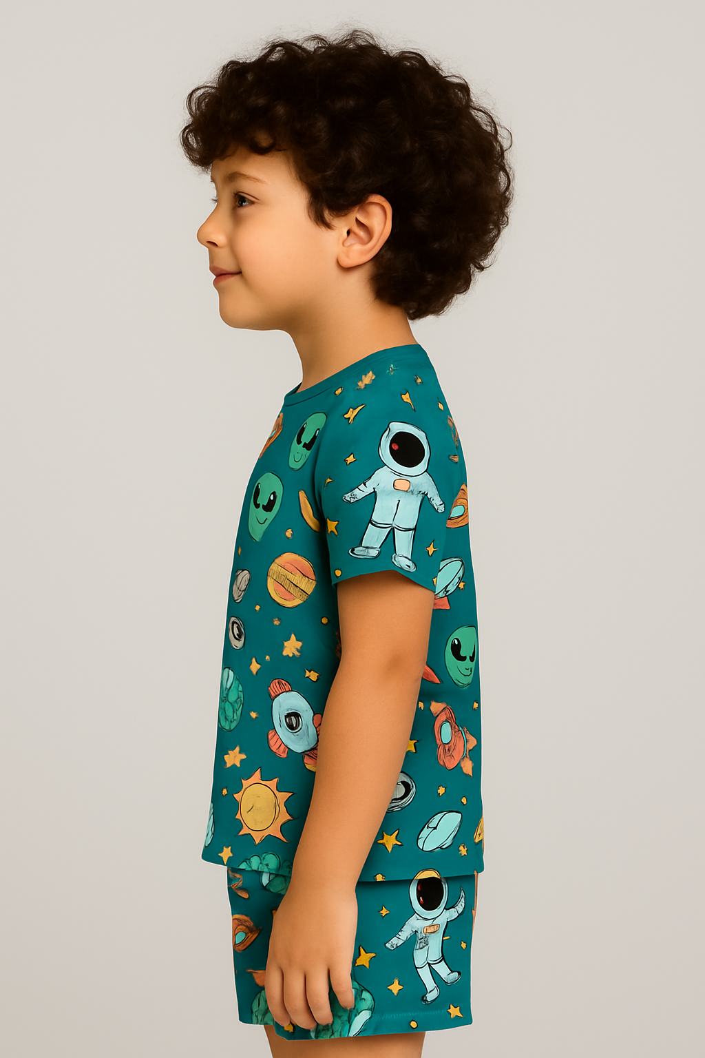 Kids Space & Astronaut Print T-Shirt & Shorts Co-ord Set – Soft Looper Polycotton Summer Outfit