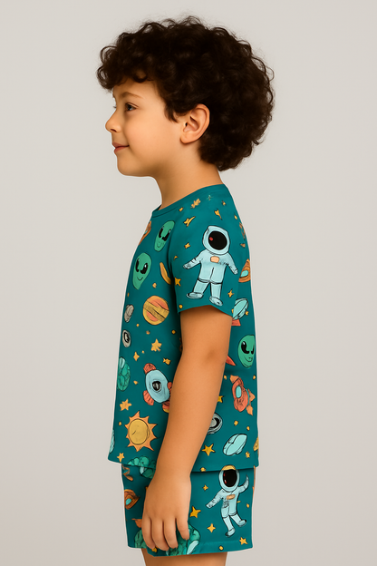 Kids Space & Astronaut Print T-Shirt & Shorts Co-ord Set – Soft Looper Polycotton Summer Outfit