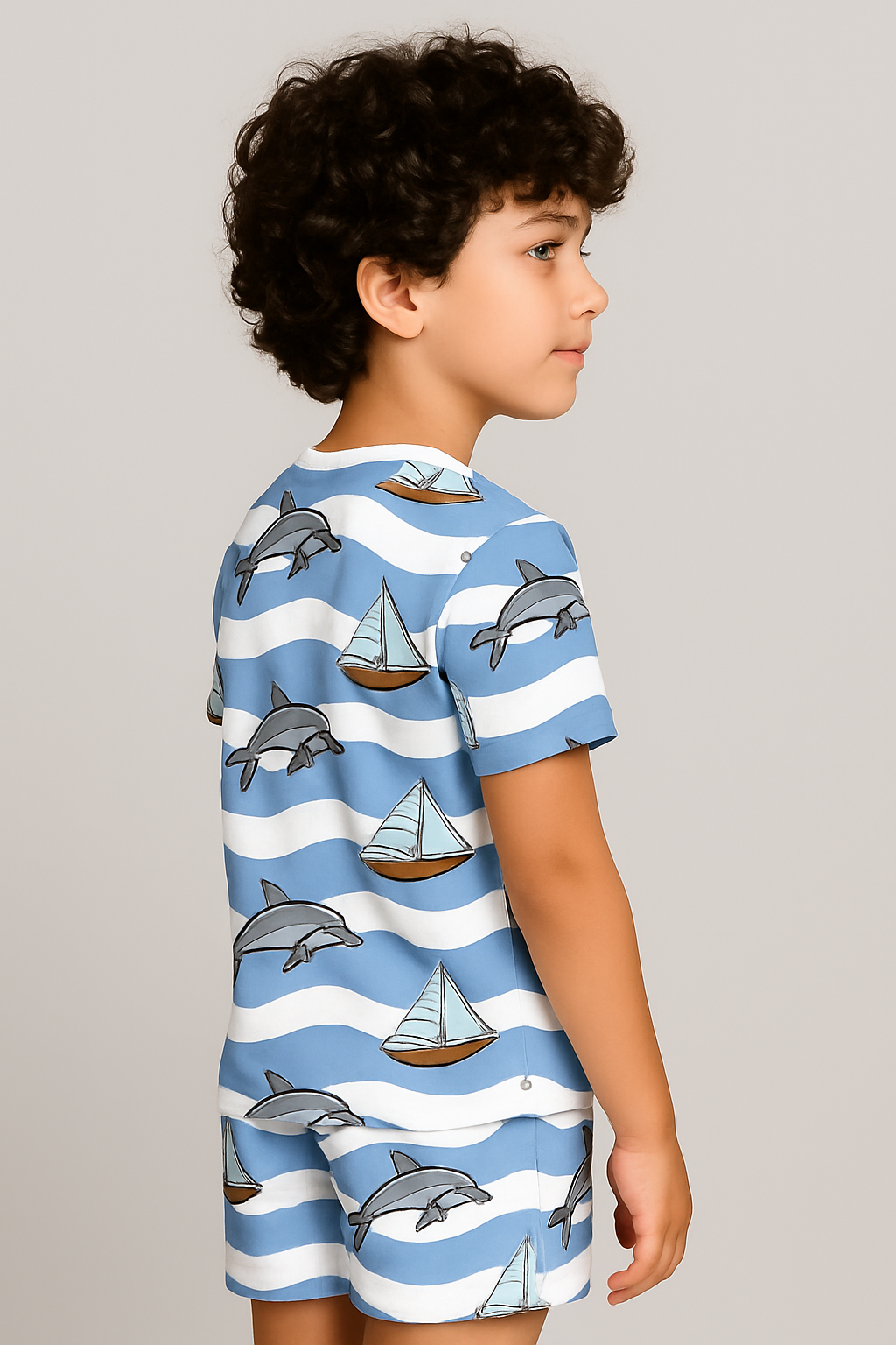 Kids Dolphin & Sailboat Print T-Shirt & Shorts Co-ord Set – Soft Looper Polycotton Summer Outfit