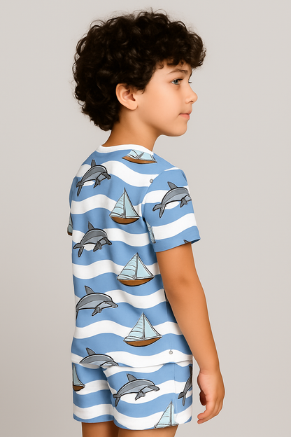 Kids Dolphin & Sailboat Print T-Shirt & Shorts Co-ord Set – Soft Looper Polycotton Summer Outfit