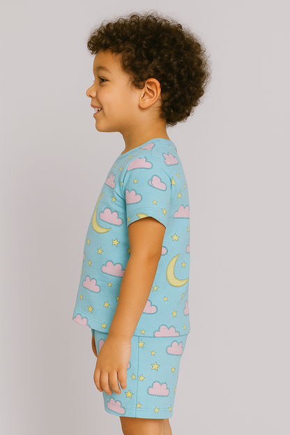 Kids Moon & Clouds Print T-Shirt & Shorts Co-ord Set – Soft Looper Polycotton Nightwear / Loungewear