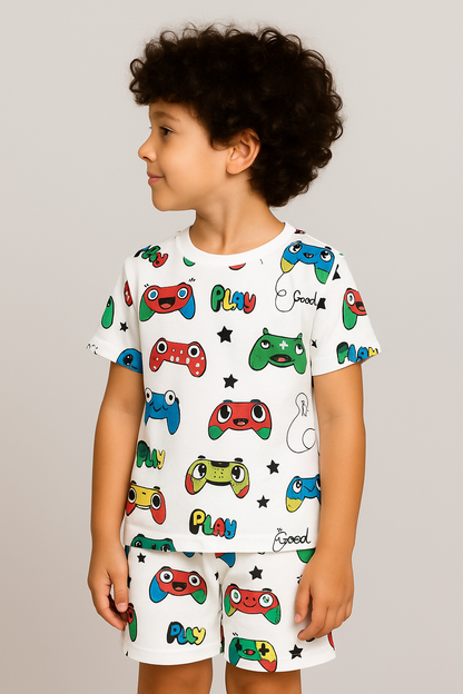 Kids Video Game Controller Print T-Shirt & Shorts Co-ord Set – Soft Looper Polycotton Summer Outfit