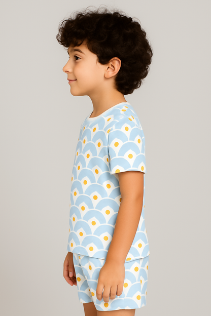 Kids Blue Wave Print Half Sleeve T-Shirt & Shorts Co-ord Set – Soft Cotton Summer Wear