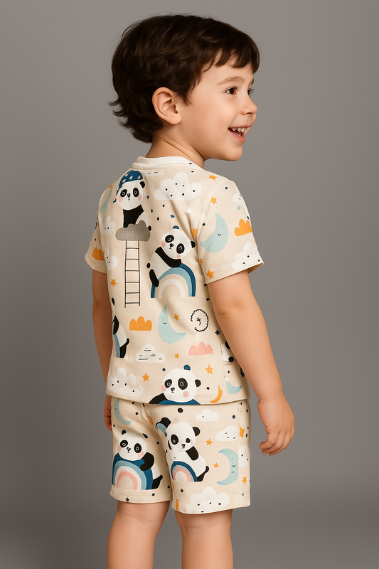 Kids Panda Print Half Sleeve T-Shirt & Shorts Co-ord Set – Soft Cotton Nightwear / Lounge Wear