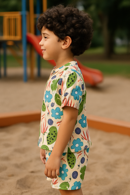 Kids Tropical Floral Print Shirt & Shorts Co-ord Set – Soft Looper Polycotton Summer Outfit