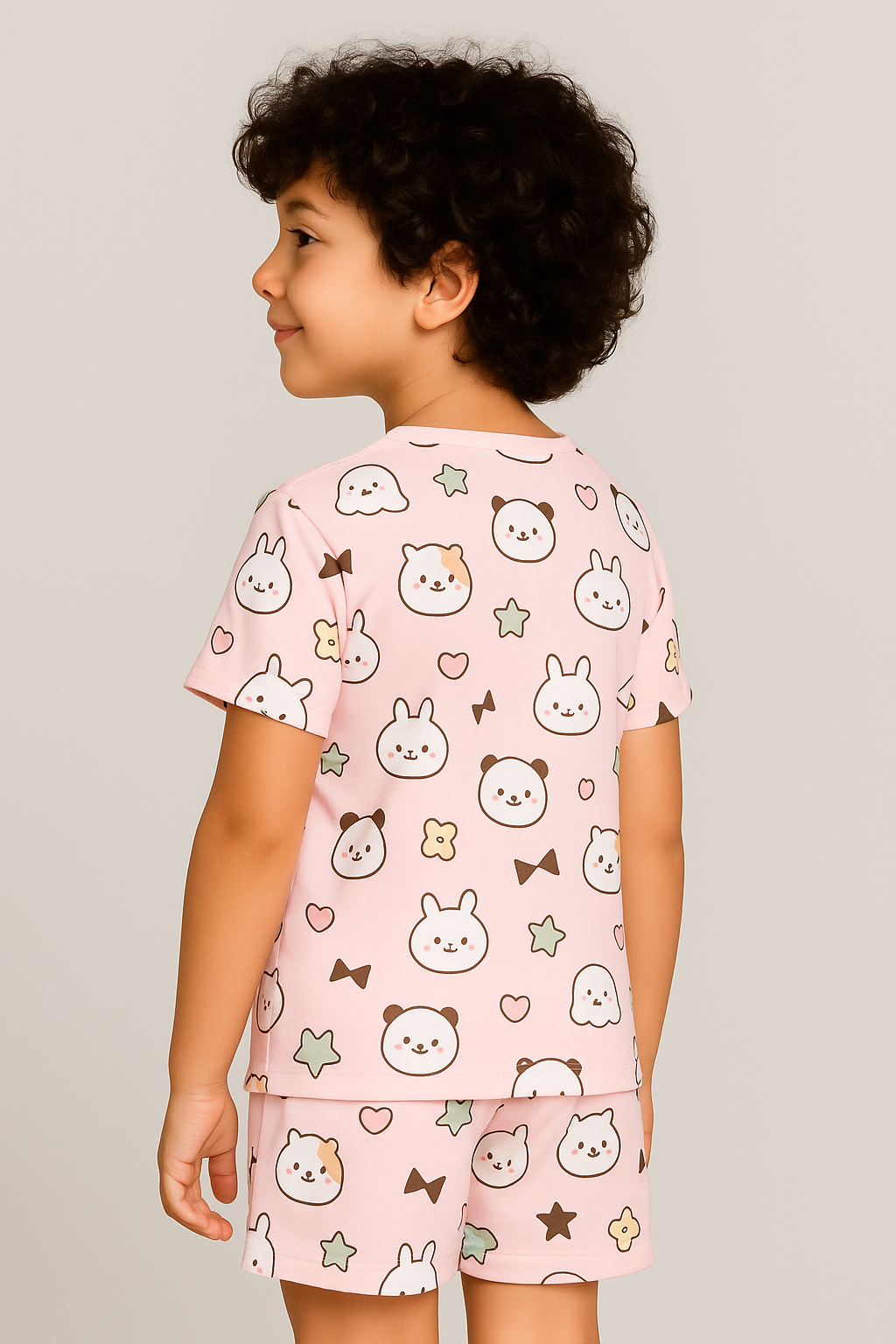 Kids Bunny & Panda Cartoon Print T-Shirt & Shorts Co-ord Set – Soft Looper Polycotton Nightwear / Summer Outfit