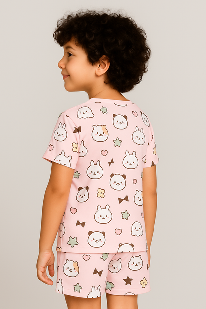 Kids Bunny & Panda Cartoon Print T-Shirt & Shorts Co-ord Set – Soft Looper Polycotton Nightwear / Summer Outfit