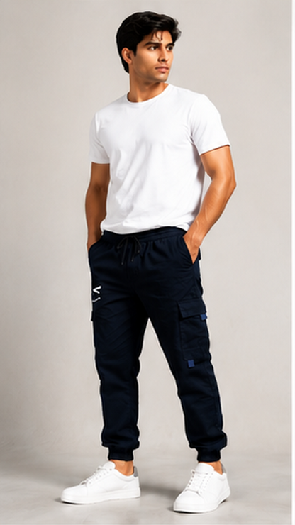 Navy Blue Cargo Joggers for Men – Slim Fit Multi-Pocket Printed Casual Streetwear Pants