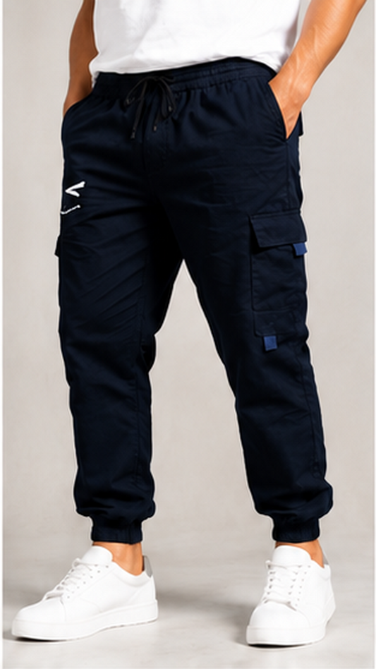 Navy Blue Cargo Joggers for Men – Slim Fit Multi-Pocket Printed Casual Streetwear Pants
