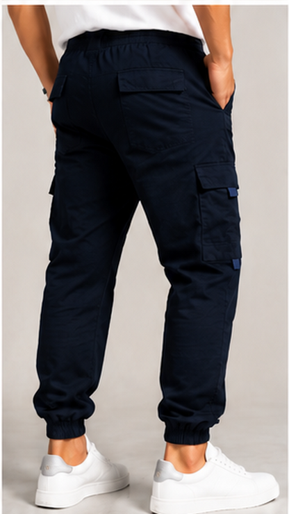 Navy Blue Cargo Joggers for Men – Slim Fit Multi-Pocket Printed Casual Streetwear Pants