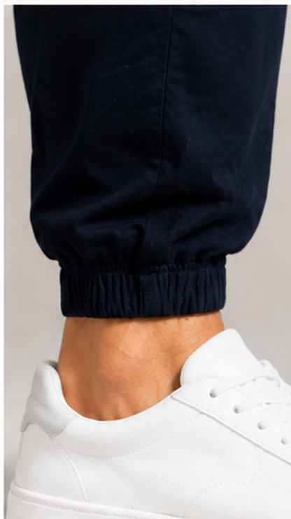 Navy Blue Cargo Joggers for Men – Slim Fit Multi-Pocket Printed Casual Streetwear Pants