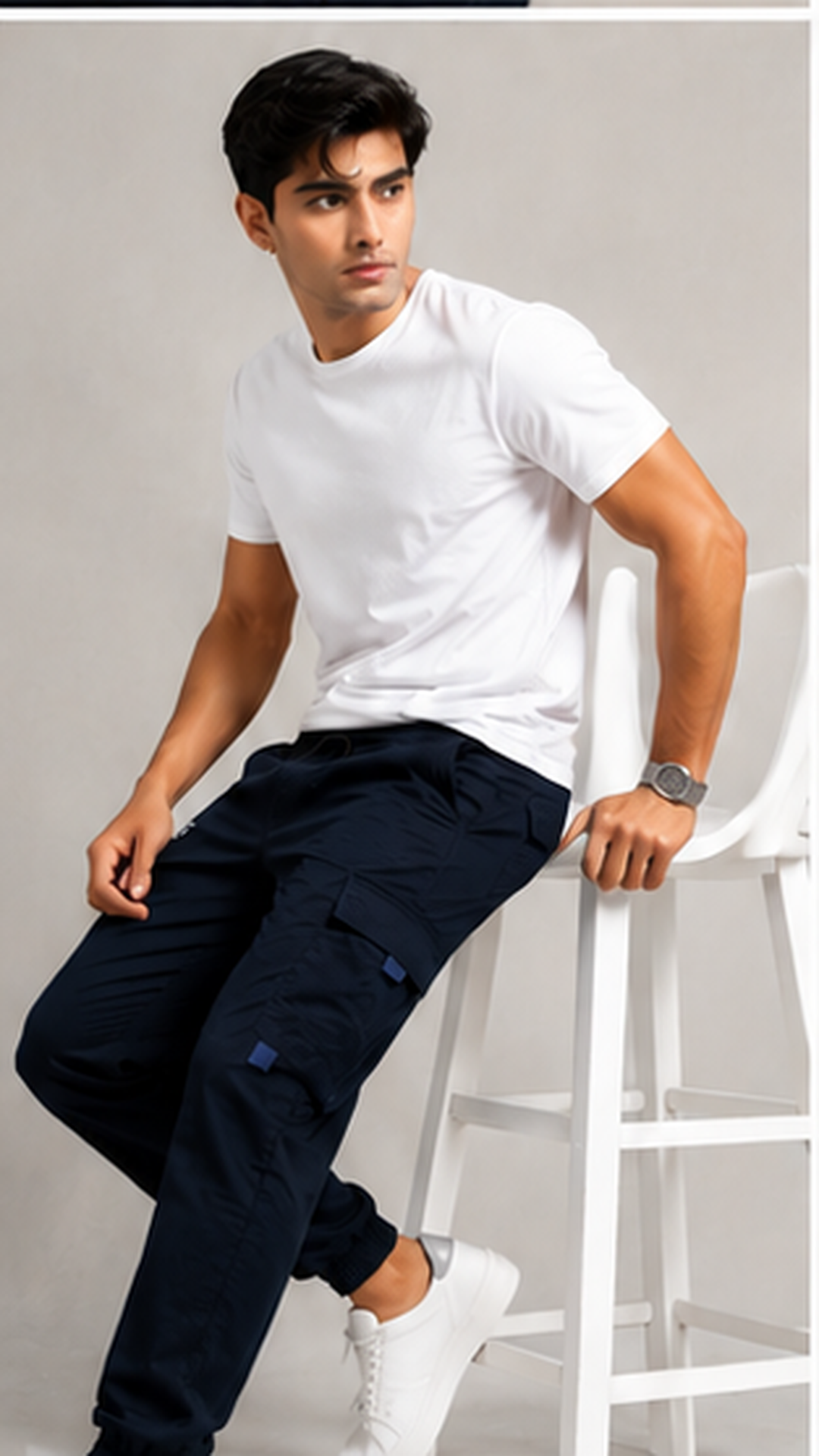 Navy Blue Cargo Joggers for Men – Slim Fit Multi-Pocket Printed Casual Streetwear Pants