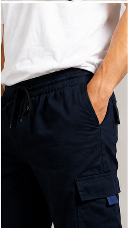 Navy Blue Cargo Joggers for Men – Slim Fit Multi-Pocket Printed Casual Streetwear Pants
