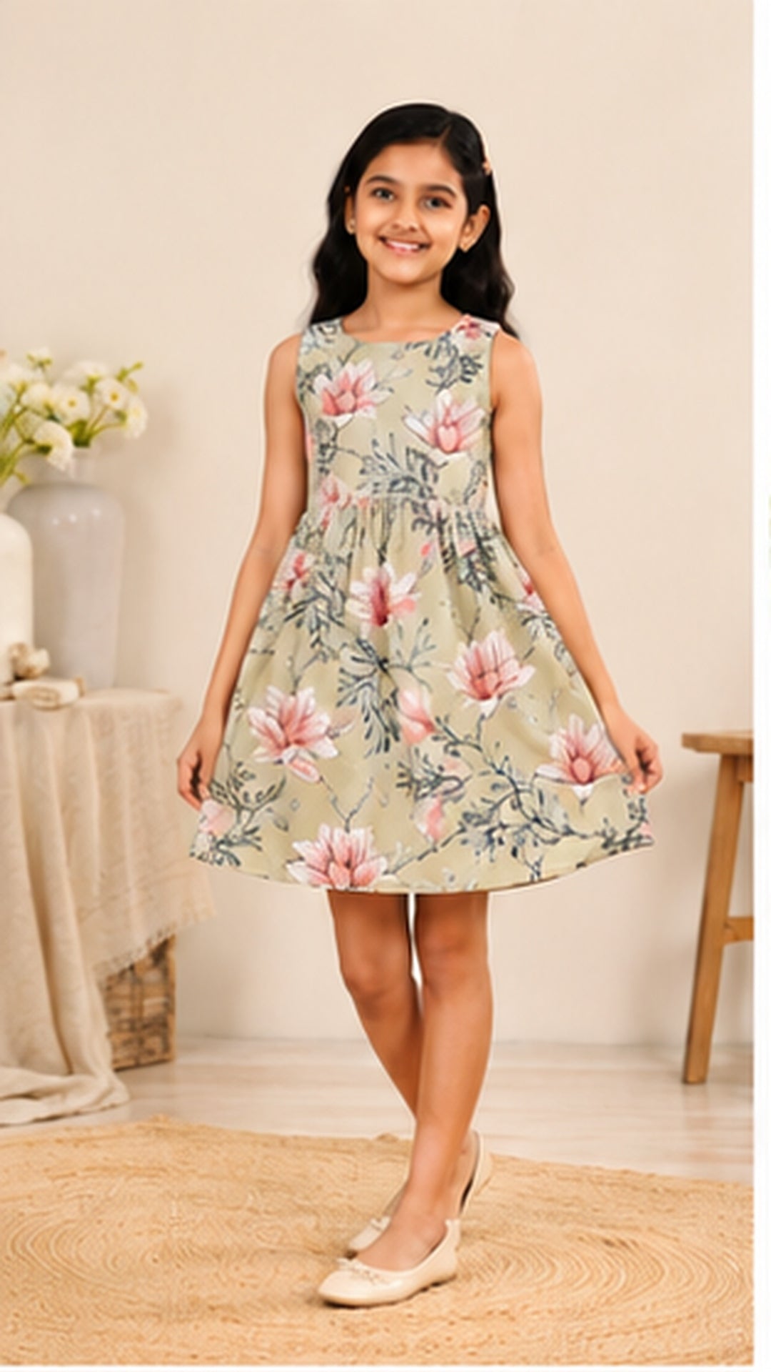 Girls Floral Fit & Flare Dress – Sage Green with Pink Blossoms