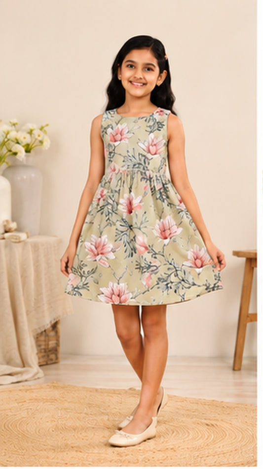Girls Floral Fit & Flare Dress – Sage Green with Pink Blossoms
