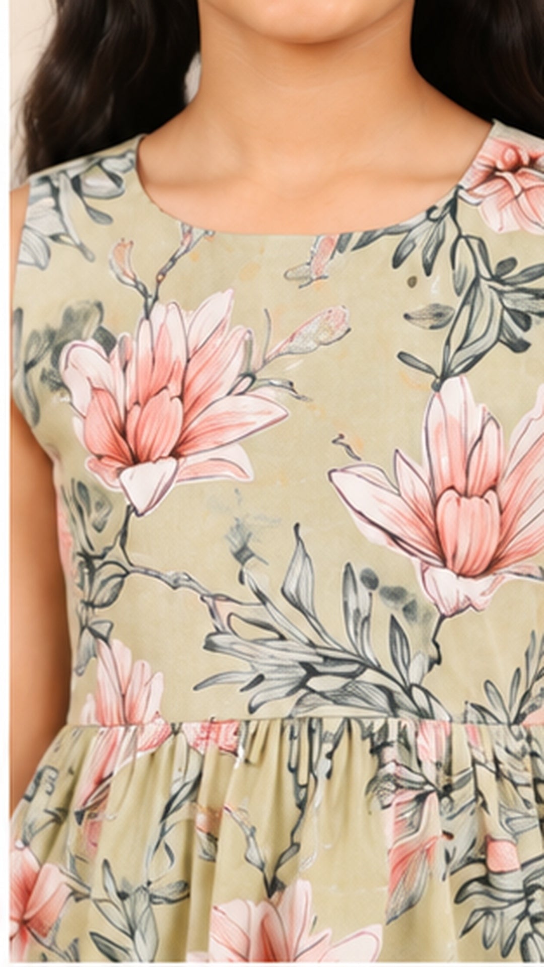 Girls Floral Fit & Flare Dress – Sage Green with Pink Blossoms