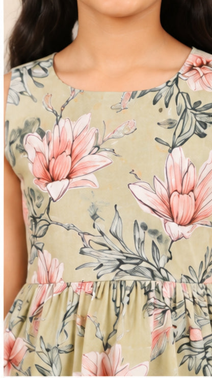 Girls Floral Fit & Flare Dress – Sage Green with Pink Blossoms
