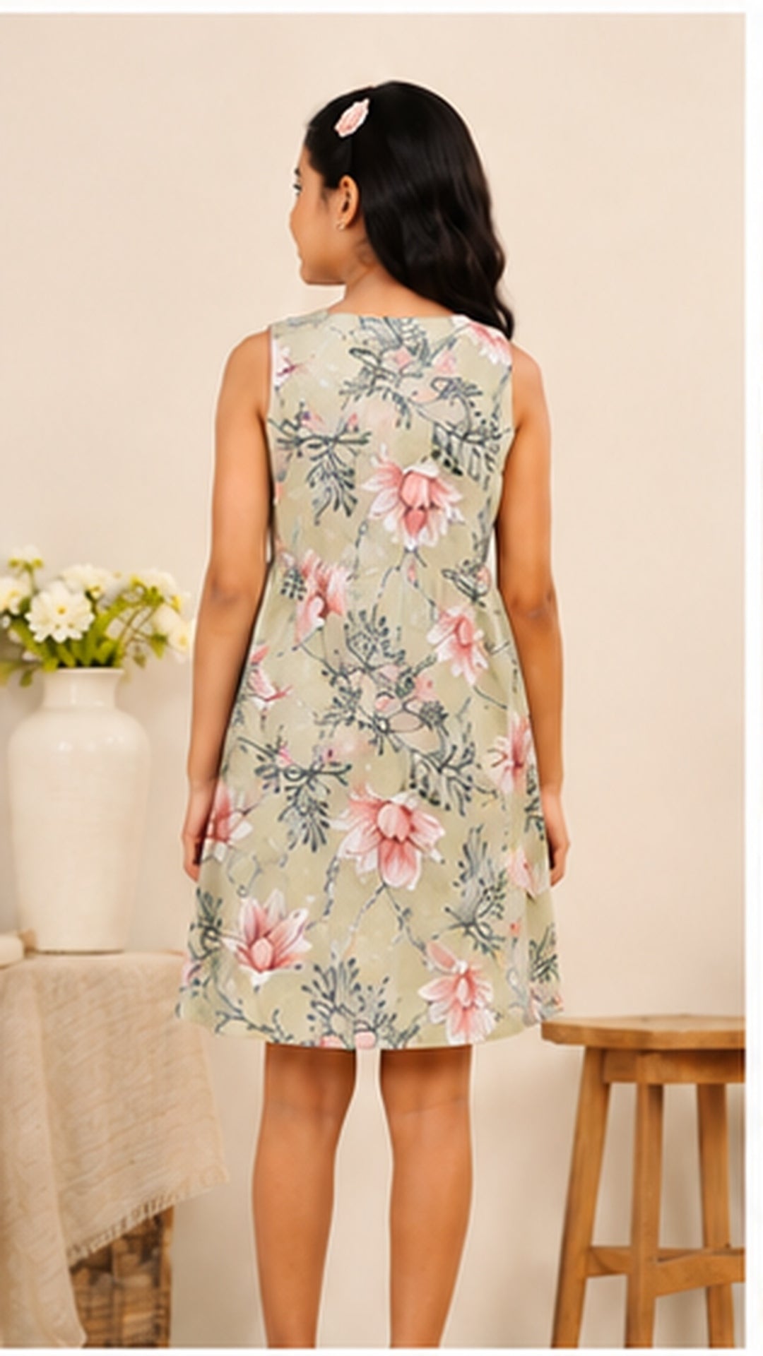 Girls Floral Fit & Flare Dress – Sage Green with Pink Blossoms
