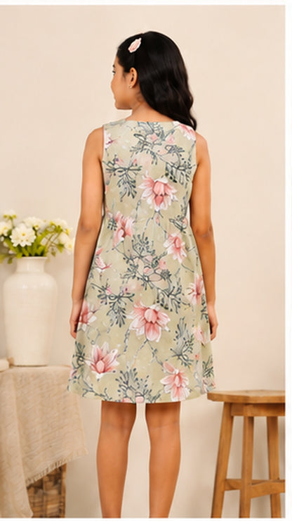 Girls Floral Fit & Flare Dress – Sage Green with Pink Blossoms