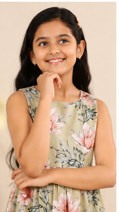 Girls Floral Fit & Flare Dress – Sage Green with Pink Blossoms