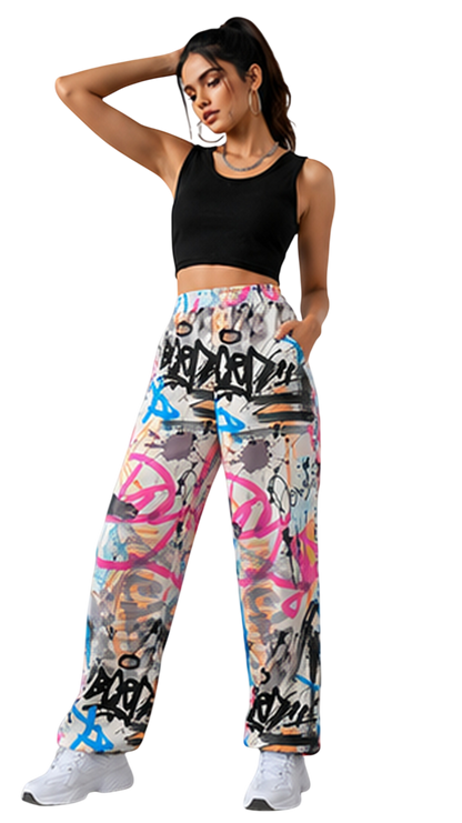 Women Graffiti Printed Wide Leg Pants – Stylish Casual Streetwear & Lounge Trousers