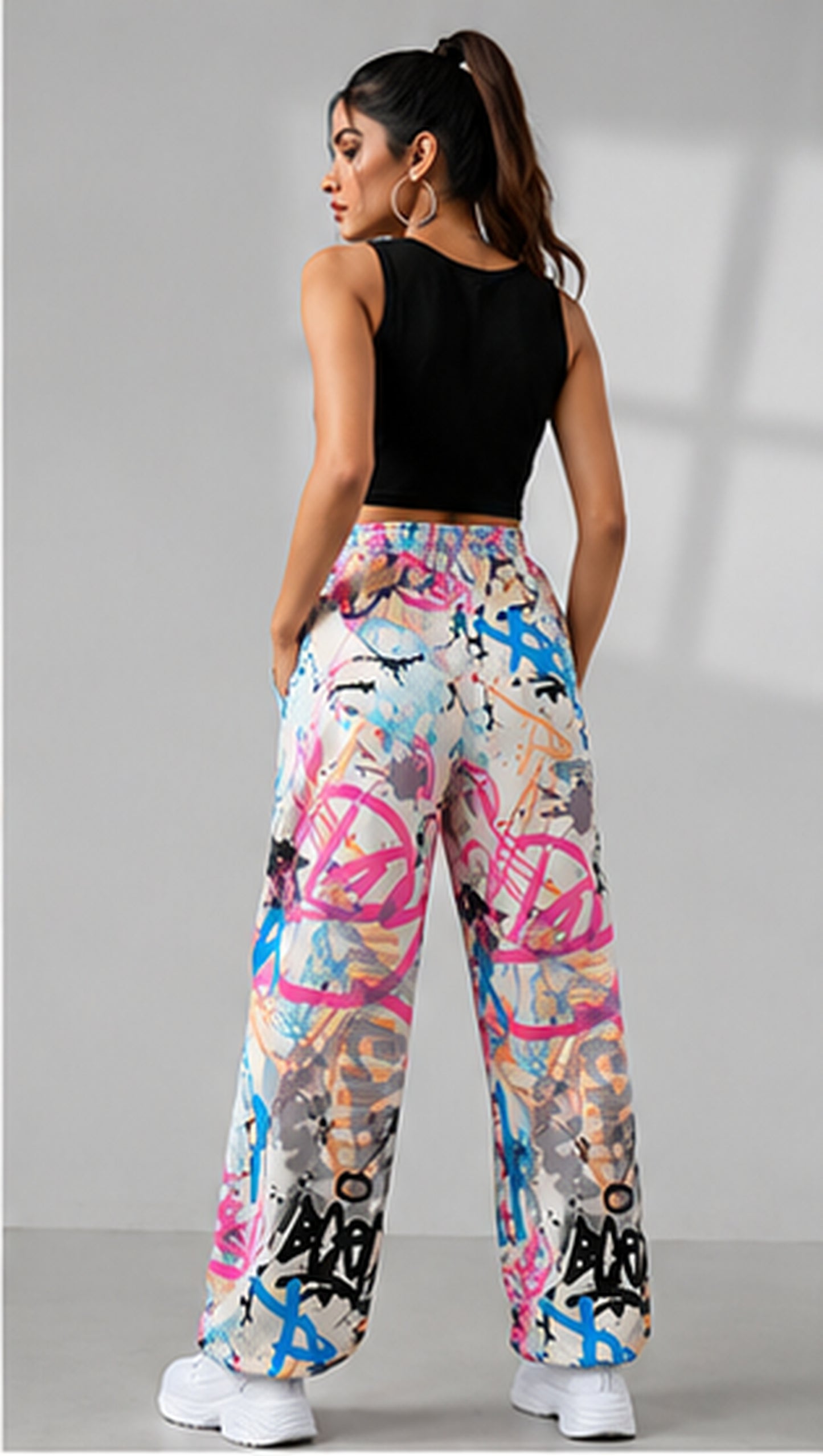 Women Graffiti Printed Wide Leg Pants – Stylish Casual Streetwear & Lounge Trousers