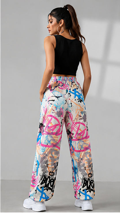 Women Graffiti Printed Wide Leg Pants – Stylish Casual Streetwear & Lounge Trousers