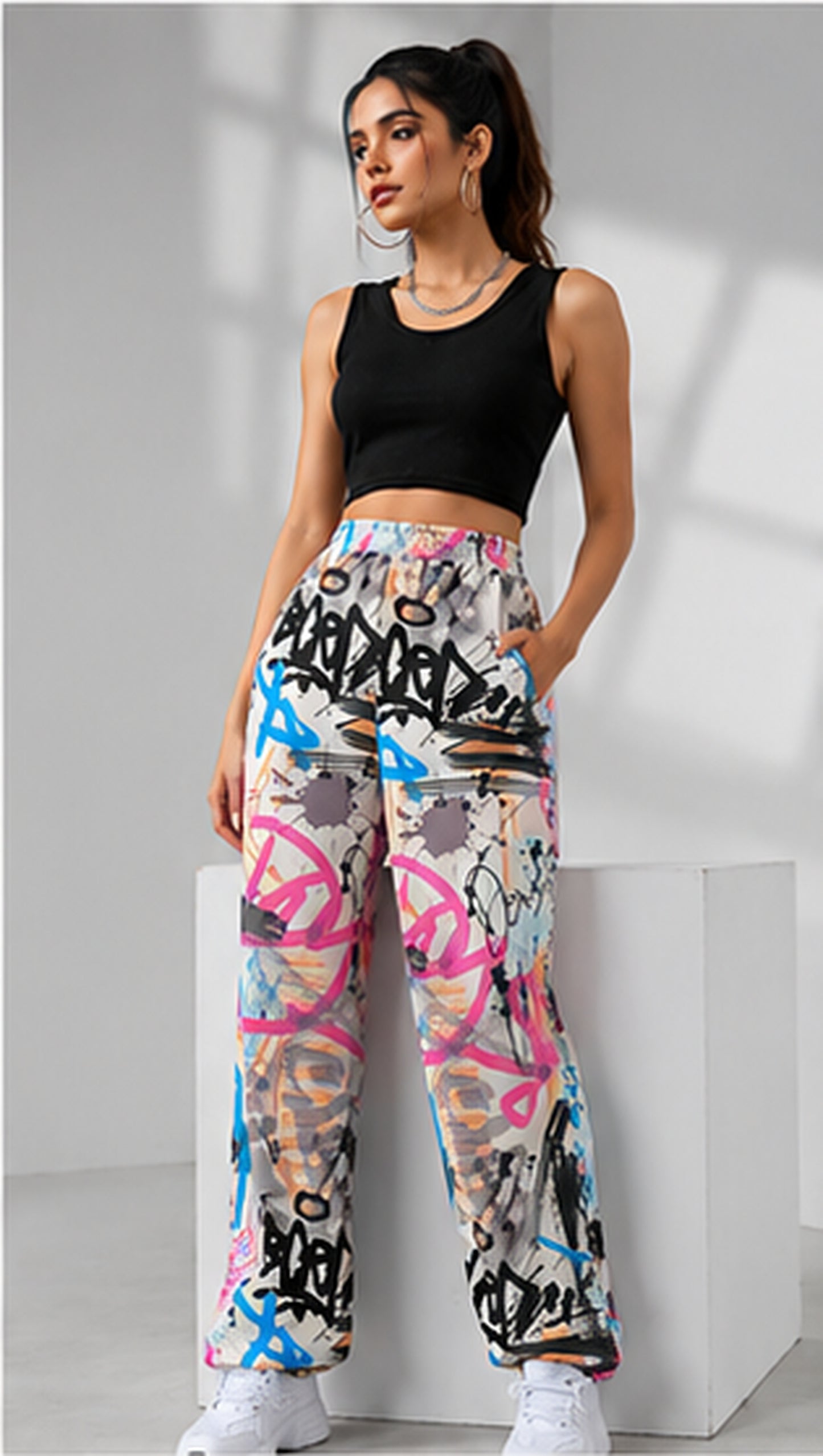 Women Graffiti Printed Wide Leg Pants – Stylish Casual Streetwear & Lounge Trousers