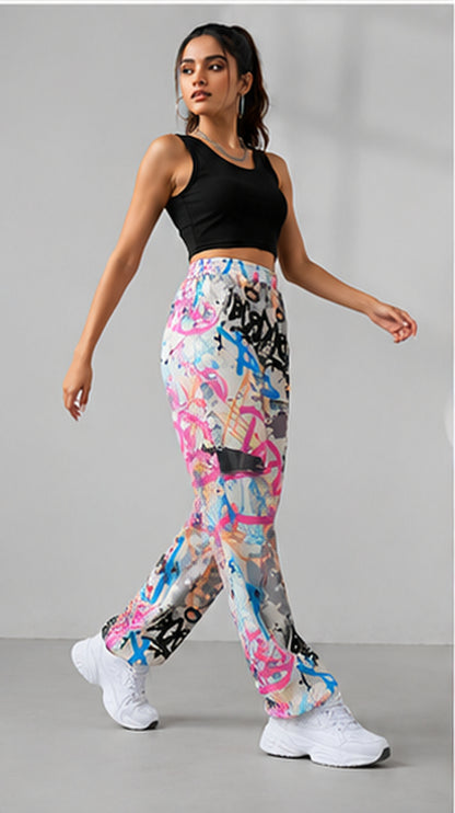 Women Graffiti Printed Wide Leg Pants – Stylish Casual Streetwear & Lounge Trousers