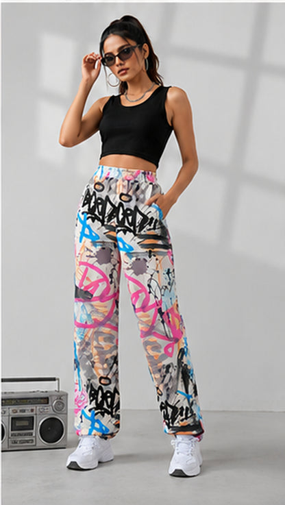 Women Graffiti Printed Wide Leg Pants – Stylish Casual Streetwear & Lounge Trousers