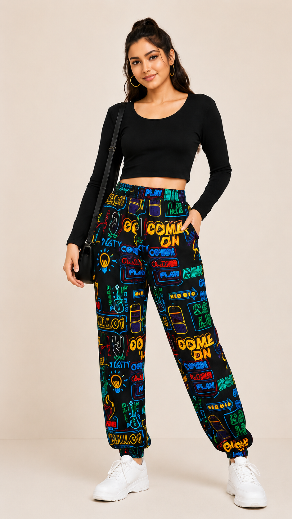 Women Black Graphic Printed Joggers – Stylish Casual Lounge & Streetwear Pants