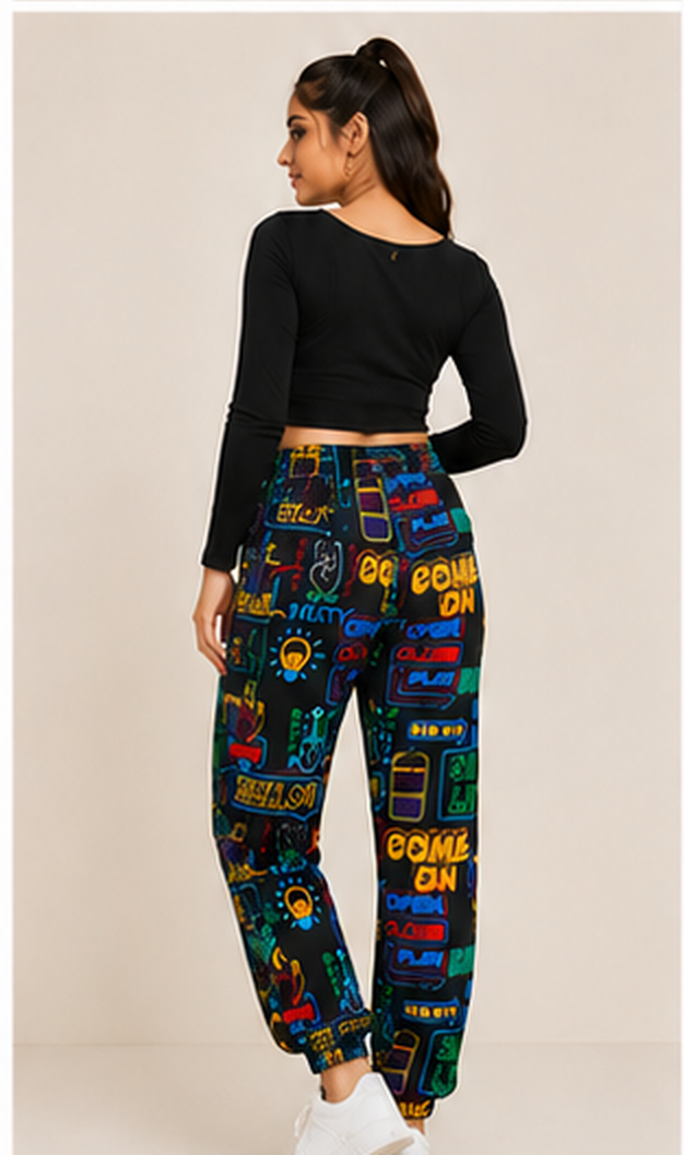Women Black Graphic Printed Joggers – Stylish Casual Lounge & Streetwear Pants