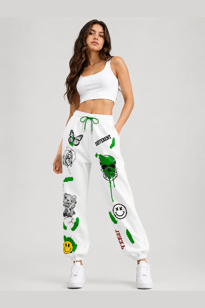 Women White Graphic Printed Joggers – Stylish Casual Streetwear & Lounge Pants