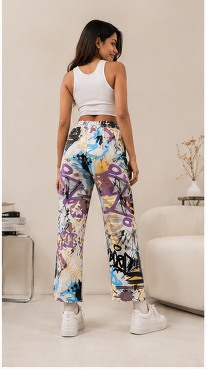 Women Graffiti Printed Wide Leg Pants – Stylish Casual Streetwear & Lounge Trousers