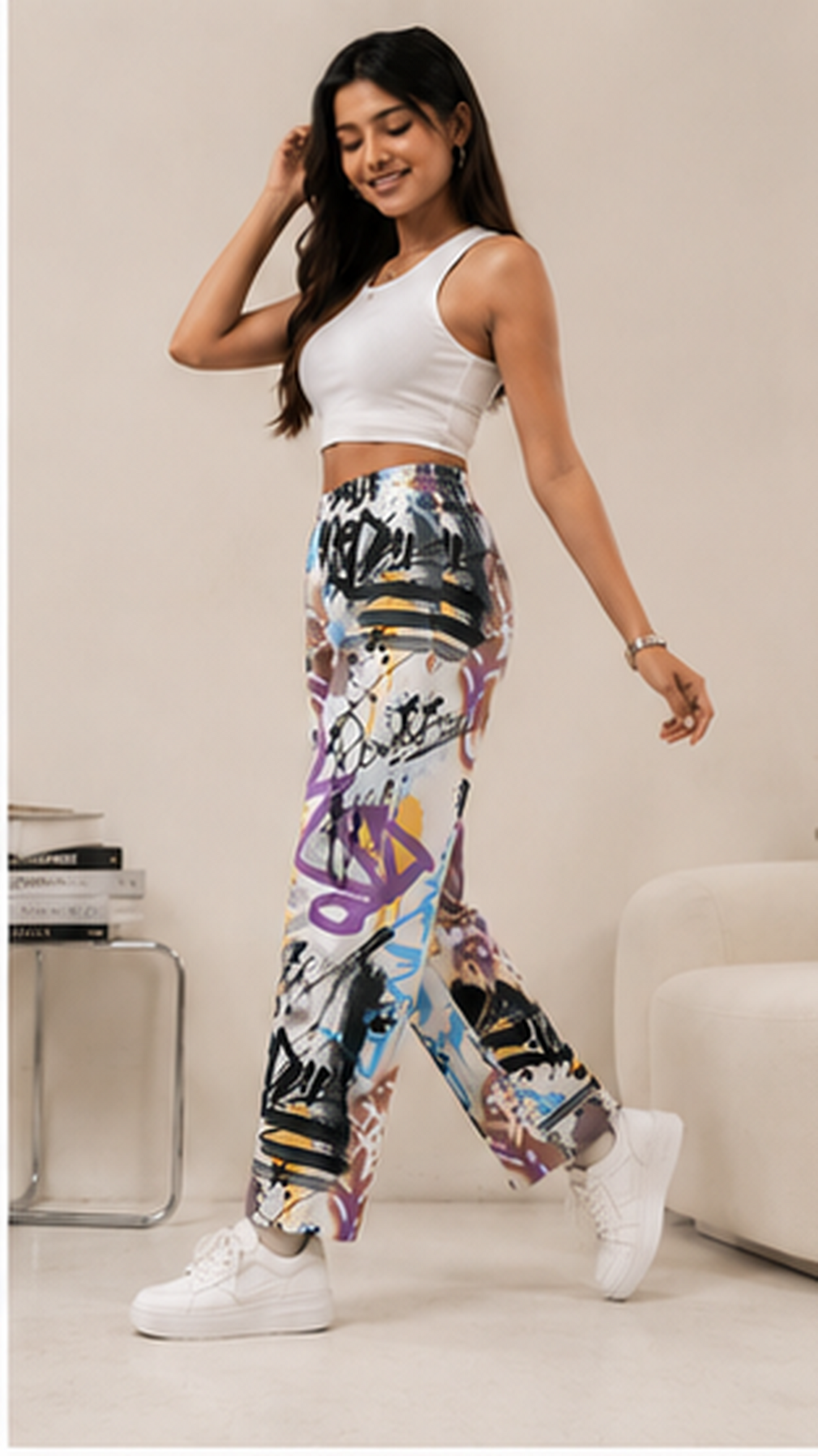 Women Graffiti Printed Wide Leg Pants – Stylish Casual Streetwear & Lounge Trousers