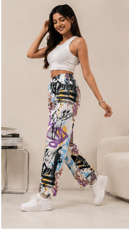 Women Graffiti Printed Wide Leg Pants – Stylish Casual Streetwear & Lounge Trousers