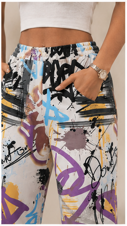Women Graffiti Printed Wide Leg Pants – Stylish Casual Streetwear & Lounge Trousers
