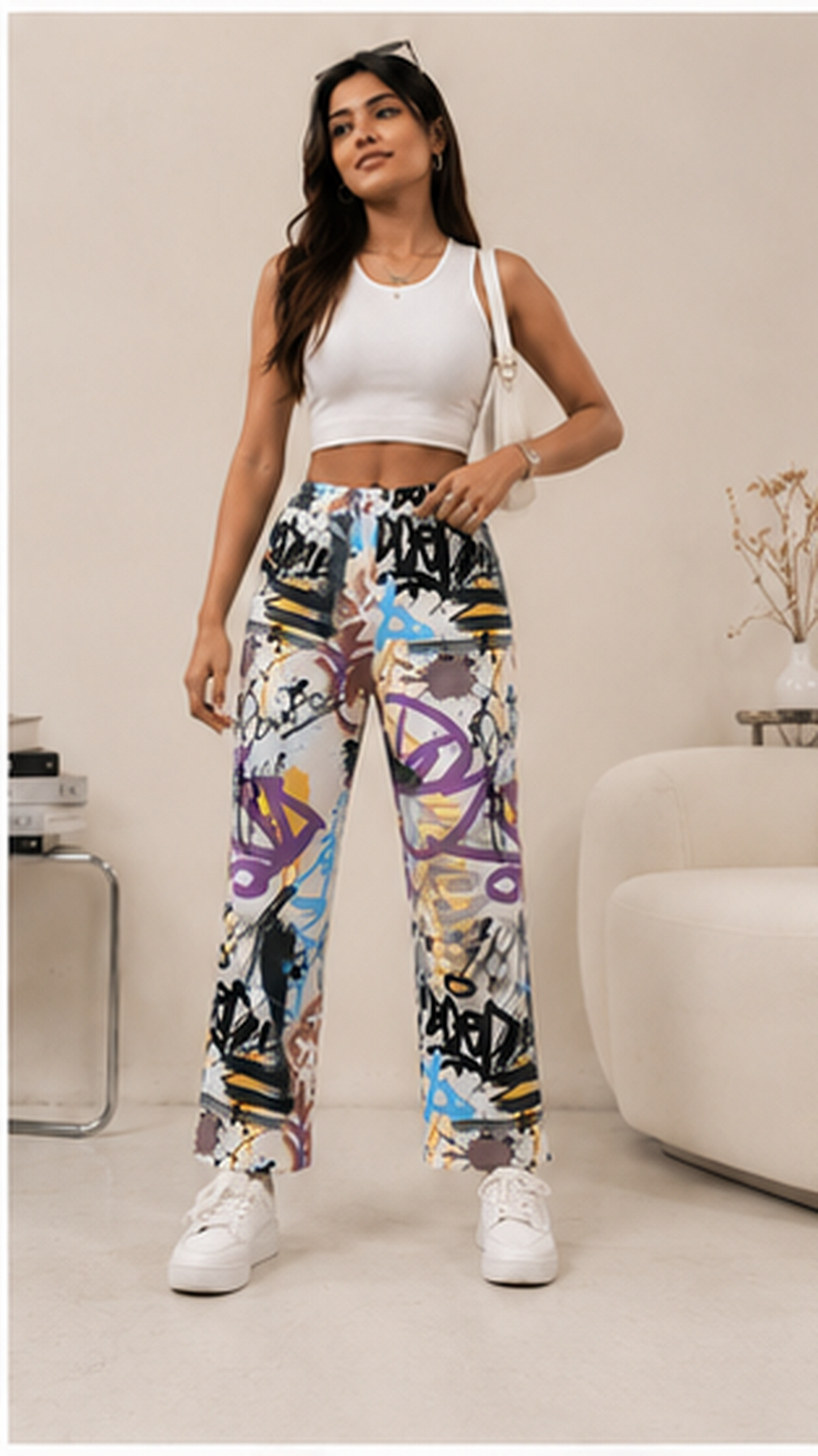 Women Graffiti Printed Wide Leg Pants – Stylish Casual Streetwear & Lounge Trousers