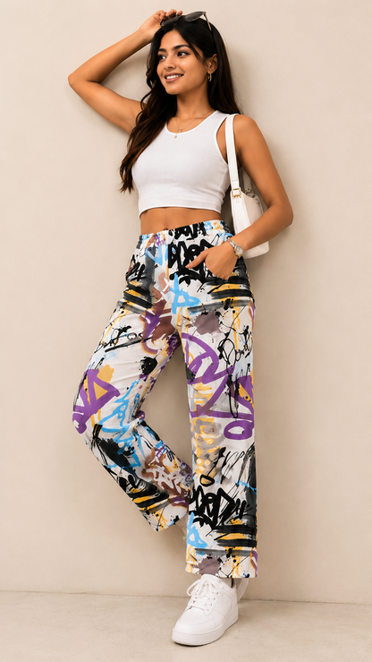 Women Graffiti Printed Wide Leg Pants – Stylish Casual Streetwear & Lounge Trousers